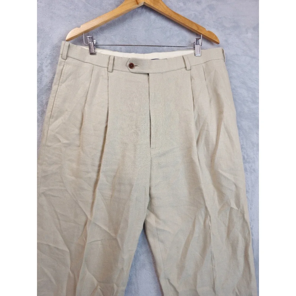 Brooks Brothers 38x32 Khaki Tan 100% Irish Linen Pleated Cuff High Waist Pants